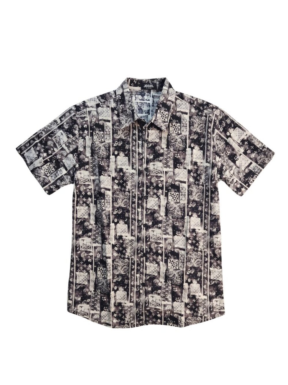 NWT | JOGAL Black & White Paisley Patchwork Short Sleeve Button Up Shirt | Small
